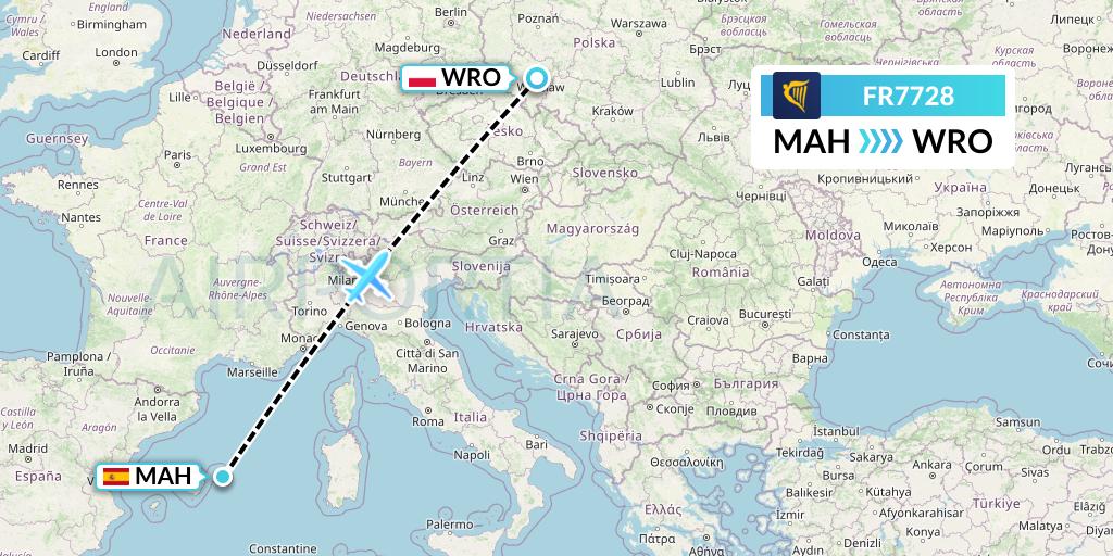 FR7728 Ryanair Flight Map: Mahon to Wroclaw