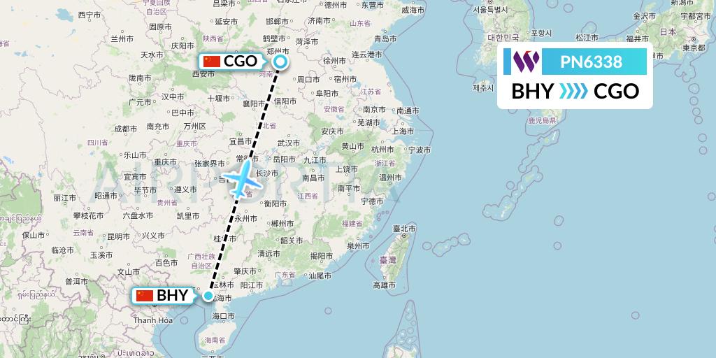 PN6338 China West Air Flight Map: Beihai to Zhengzhou