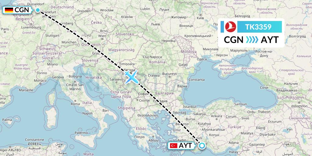 TK3359 Turkish Airlines Flight Map: Cologne to Antalya