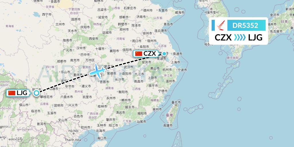 DR5352 Ruili Airlines Flight Map: Changzhou to Lijiang