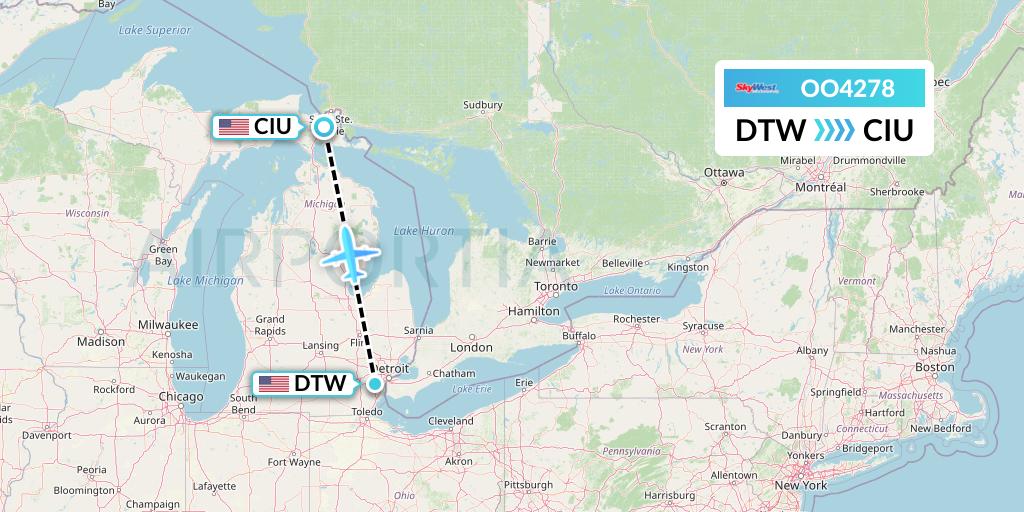 OO4278 SkyWest Airlines Flight Map: Detroit to Sault Sainte Marie