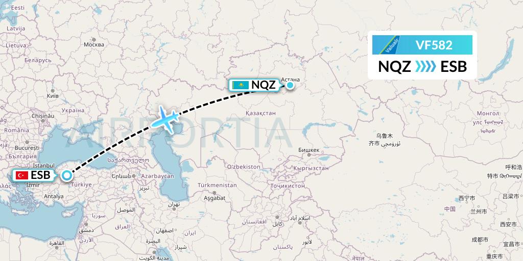 VF582 ValuAir Flight Map: Astana to Ankara