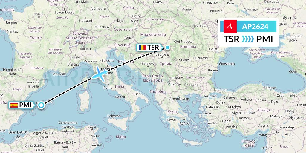 AP2624 AlbaStar Flight Map: Timisoara to Palma de Mallorca