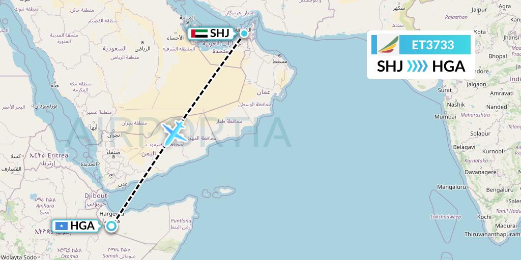 ET3733 Ethiopian Airlines Flight Map: Sharjah to Hargeisa