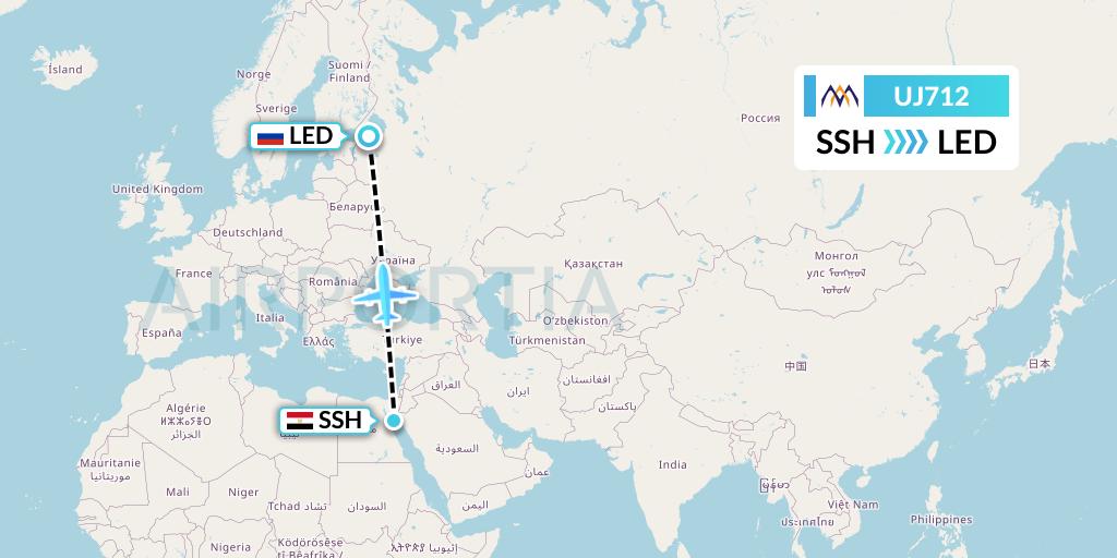 UJ712 AlMasria Universal Airlines Flight Map: Sharm el-Sheikh to St. Petersburg