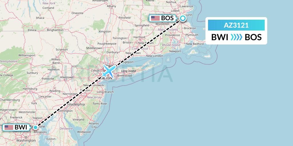 AZ3121 ITA Airways Flight Map: Baltimore to Boston