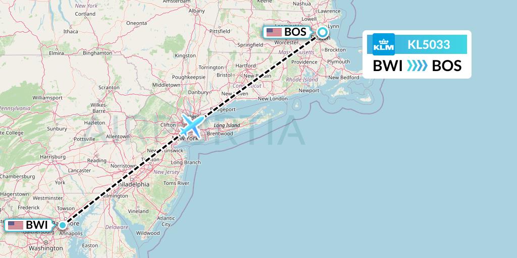 KL5033 KLM Flight Map: Baltimore to Boston