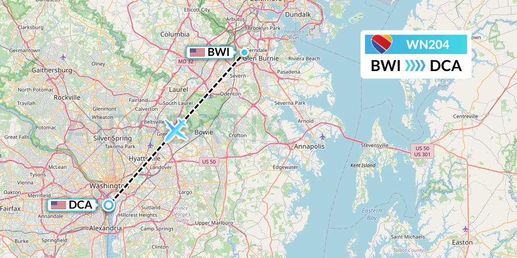 WN204 Southwest Airlines Flight Map: Baltimore to Washington