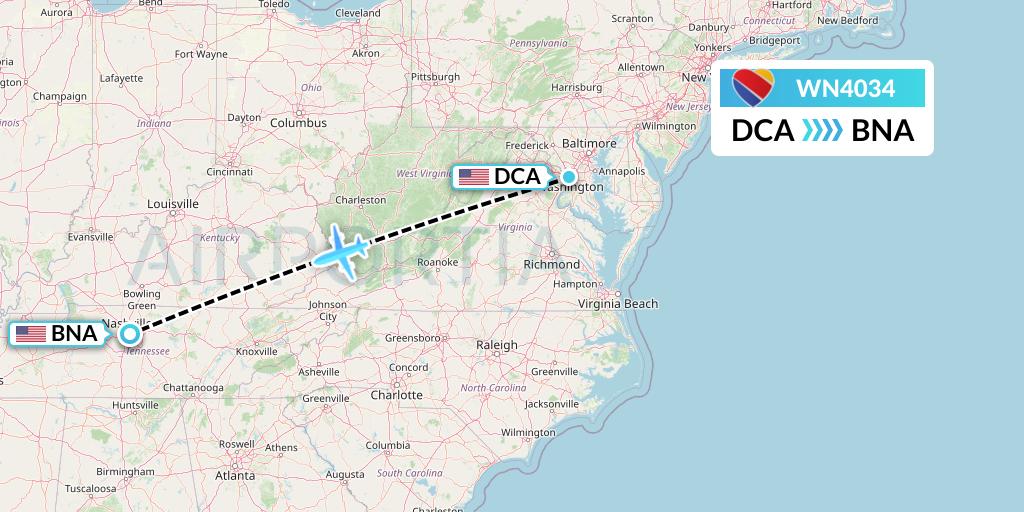 WN4034 Southwest Airlines Flight Map: Washington to Nashville