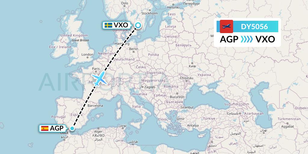 DY5056 Norwegian Flight Map: Malaga to Vaxjo