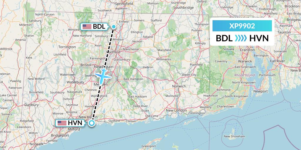 XP9902 Avelo Airlines Flight Map: Windsor Locks to New Haven