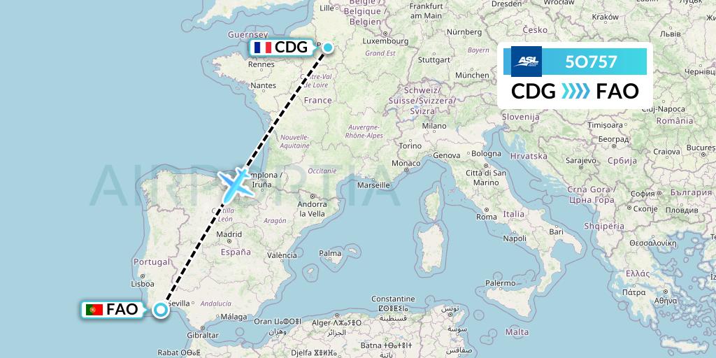 5O757 ASL Airlines France Flight Map: Paris to Faro