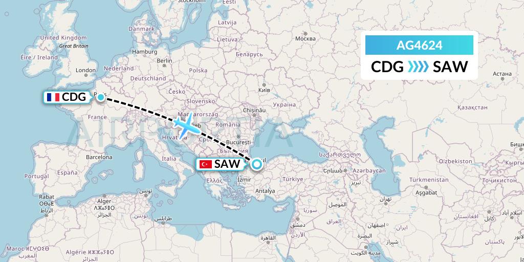 AG4624 Aruba Airlines Flight Map: Paris to Istanbul