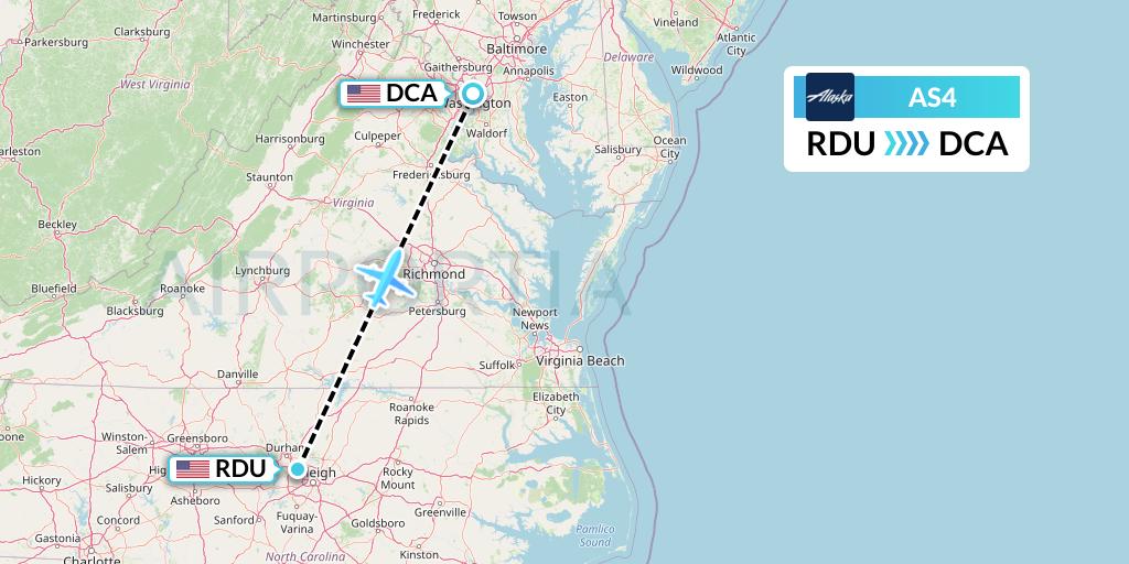 AS4 Alaska Airlines Flight Map: Raleigh-Durham to Washington