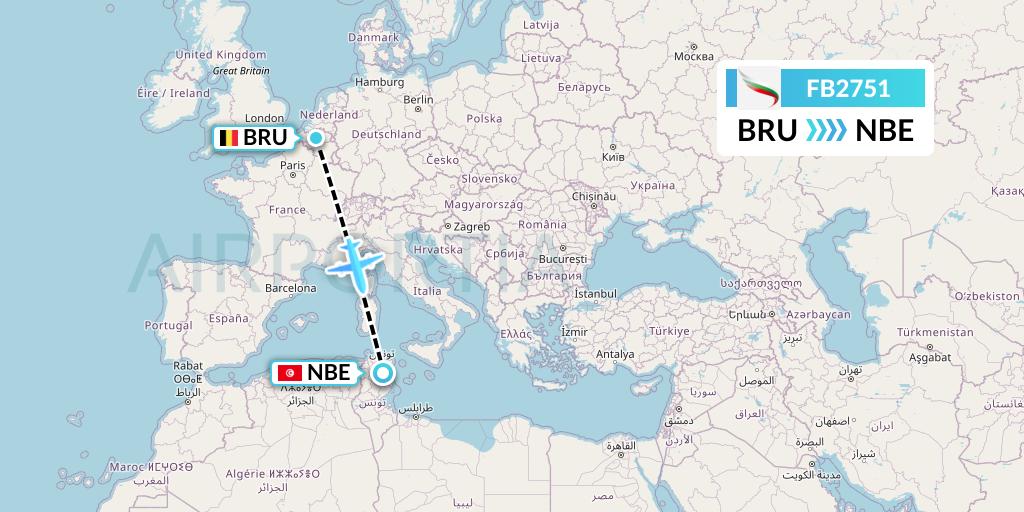 FB2751 Bulgaria Air Flight Map: Brussels to Enfidha