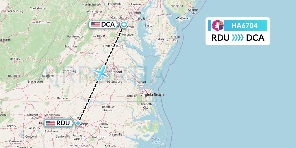 HA6704 Hawaiian Airlines Flight Map: Raleigh-Durham to Washington