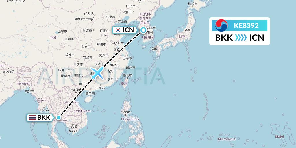 KE8392 Korean Air Flight Map: Bangkok to Seoul