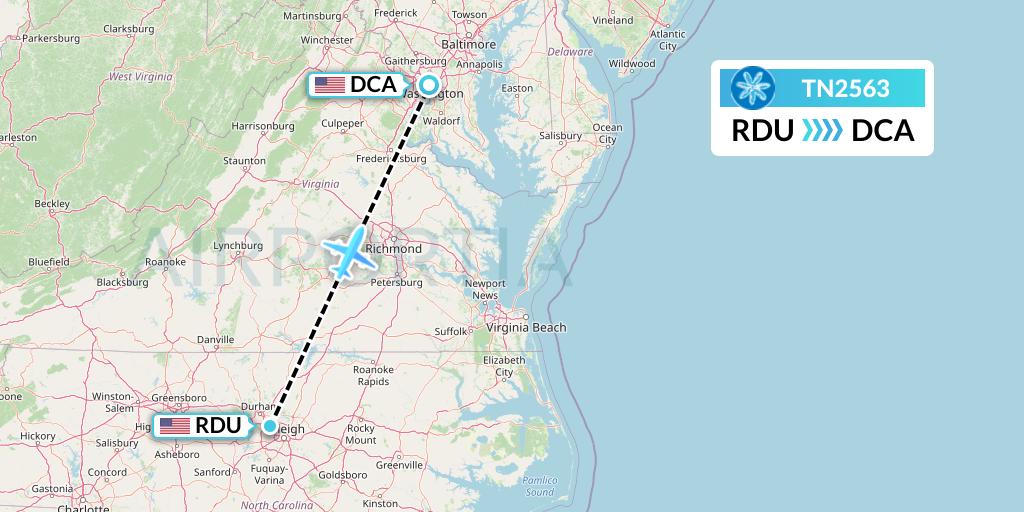 TN2563 Air Tahiti Nui Flight Map: Raleigh-Durham to Washington