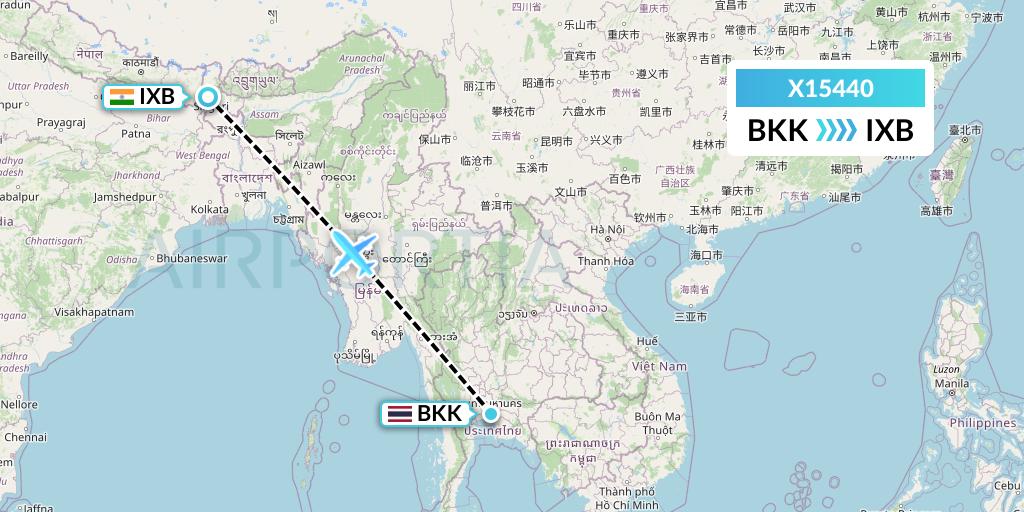 X15440 Nik Airways Flight Map: Bangkok to Siliguri
