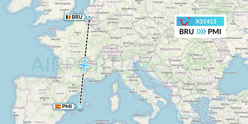 X31413 TUI fly Germany Flight Map: Brussels to Palma de Mallorca