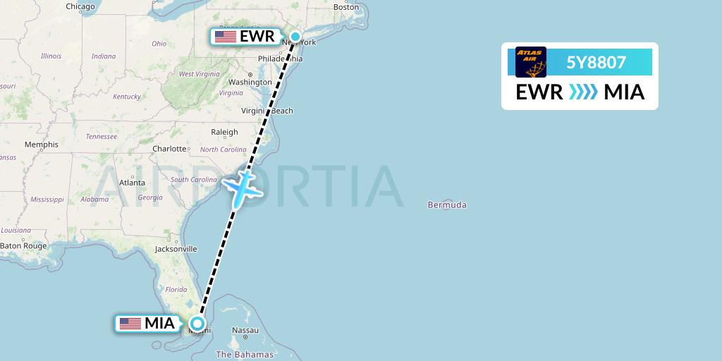 5Y8807 Atlas Air Flight Map: New York to Miami