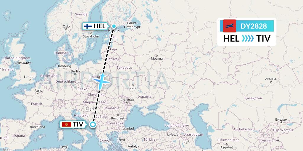 DY2828 Norwegian Flight Map: Helsinki to Tivat