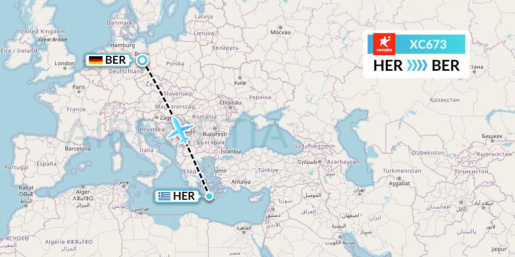 XC673 Corendon Airlines Flight Map: Heraklion to Berlin