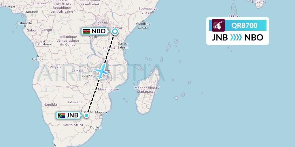 QR8700 Qatar Airways Flight Map: Johannesburg to Nairobi