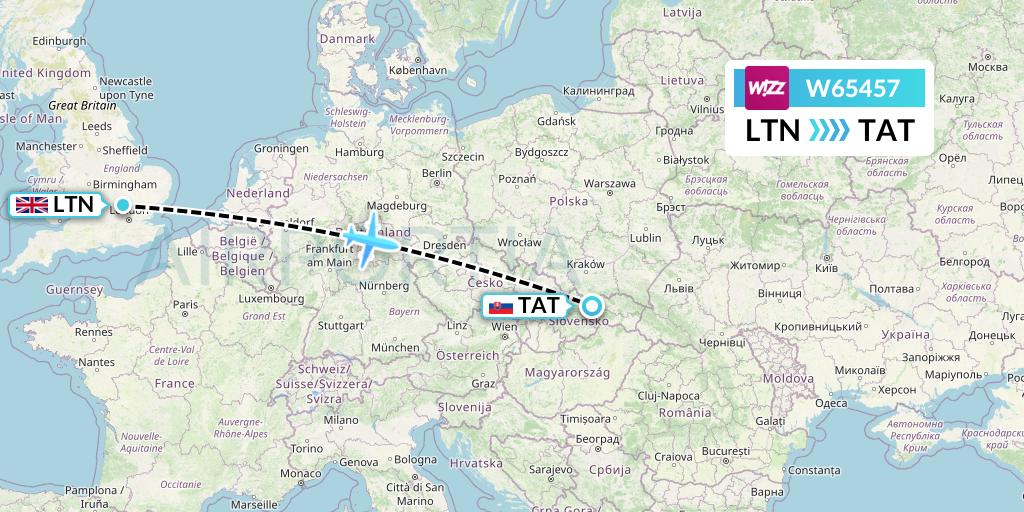 W65457 Wizz Air Flight Map: London to Poprad