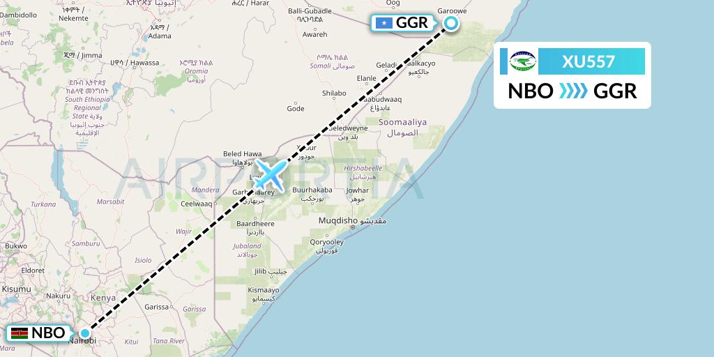XU557 African Express Airways Flight Map: Nairobi to Garoe
