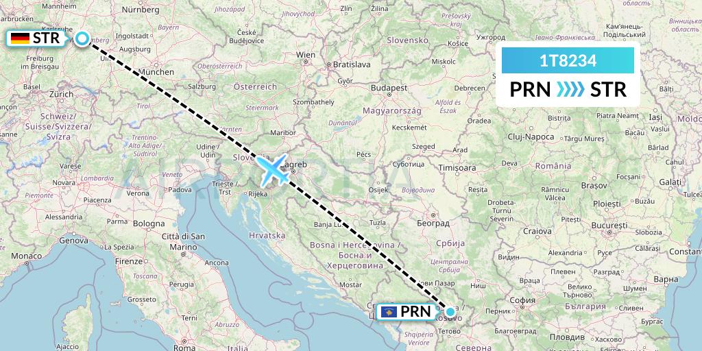 1T8234 Russian Sky Flight Map: Pristina to Stuttgart