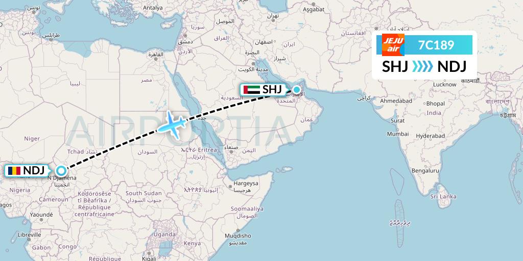 7C189 Jeju Air Flight Map: Sharjah to N'Djamena