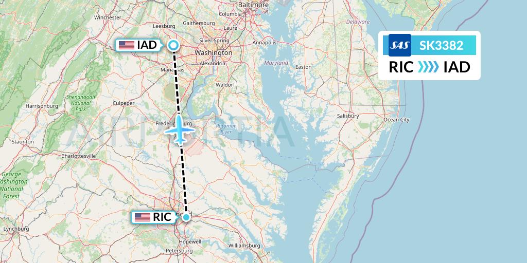 SK3382 SAS Flight Map: Richmond to Washington