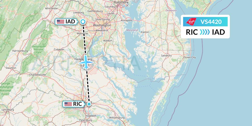 VS4420 Virgin Atlantic Airways Flight Map: Richmond to Washington