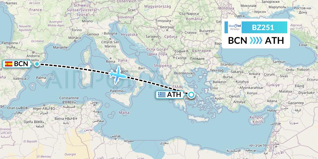 BZ251 Bluebird Airways Flight Map: Barcelona to Athens