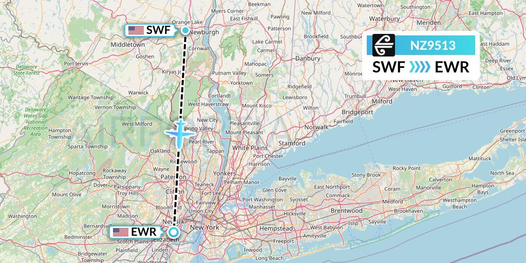NZ9513 Air New Zealand Flight Map: Newburgh to New York