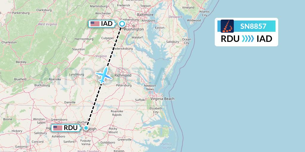 SN8857 Brussels Airlines Flight Map: Raleigh-Durham to Washington