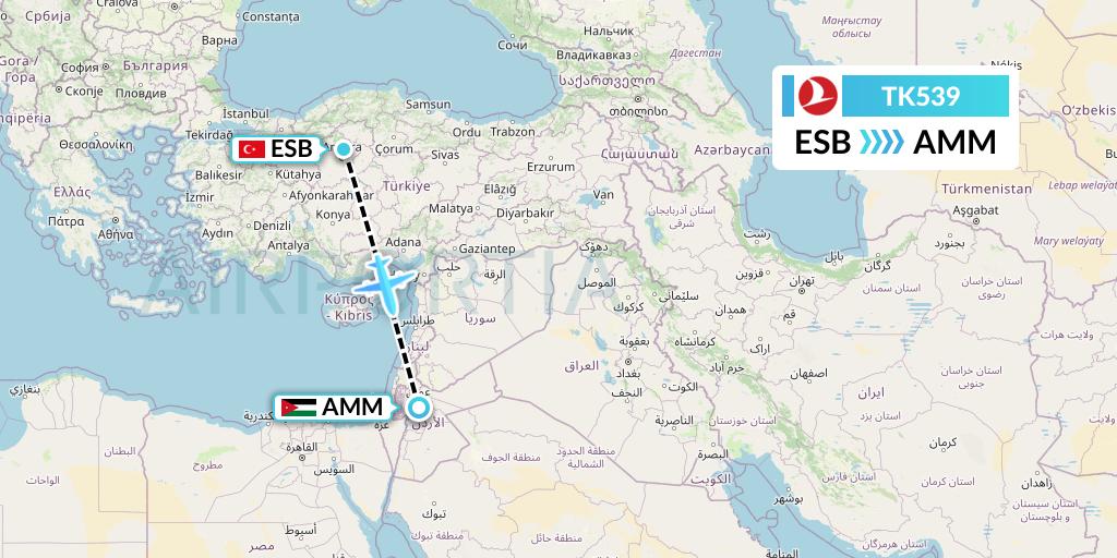 TK539 Turkish Airlines Flight Map: Ankara to Amman