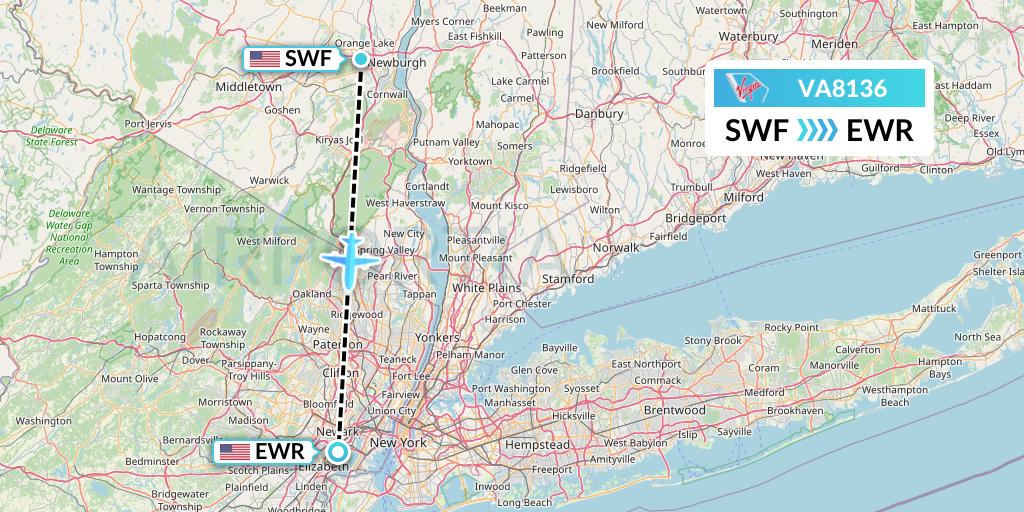 VA8136 Virgin Australia Flight Map: Newburgh to New York