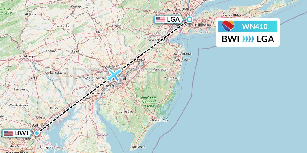 WN410 Southwest Airlines Flight Map: Baltimore to New York