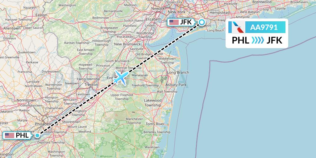 AA9791 American Airlines Flight Map: Philadelphia to New York