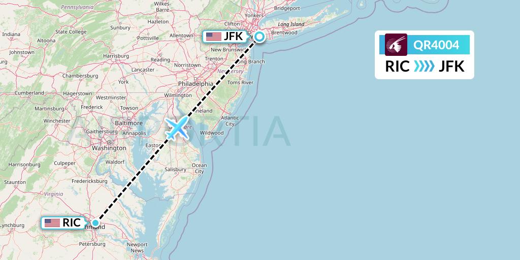 QR4004 Qatar Airways Flight Map: Richmond to New York