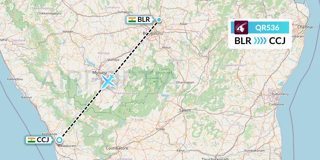 QR536 Qatar Airways Flight Map: Bangalore to Kozhikode