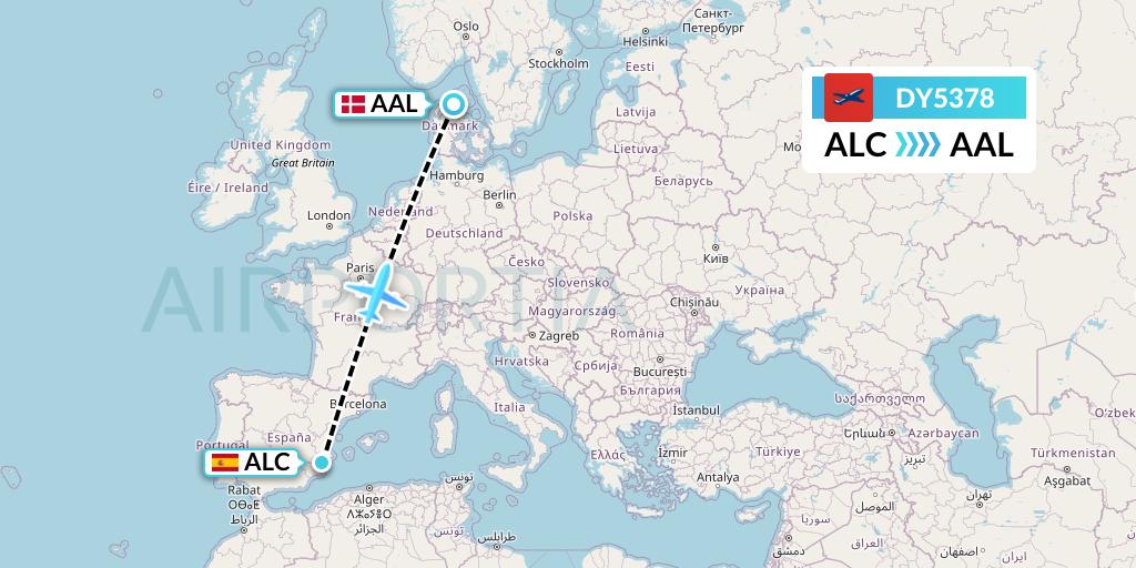 DY5378 Norwegian Flight Map: Alicante to Aalborg