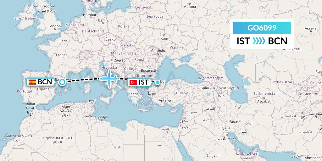 GO6099 ULS Airlines Cargo Flight Map: Istanbul to Barcelona