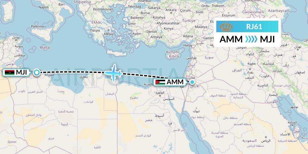 RJ61 Royal Jordanian Flight Map: Amman to Tripoli