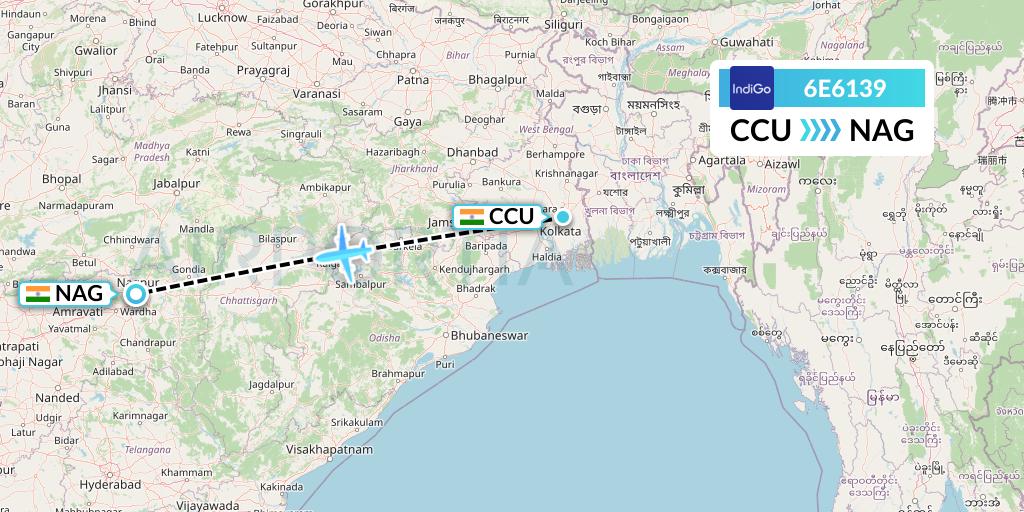 6E6139 IndiGo Airlines Flight Map: Kolkata to Nagpur