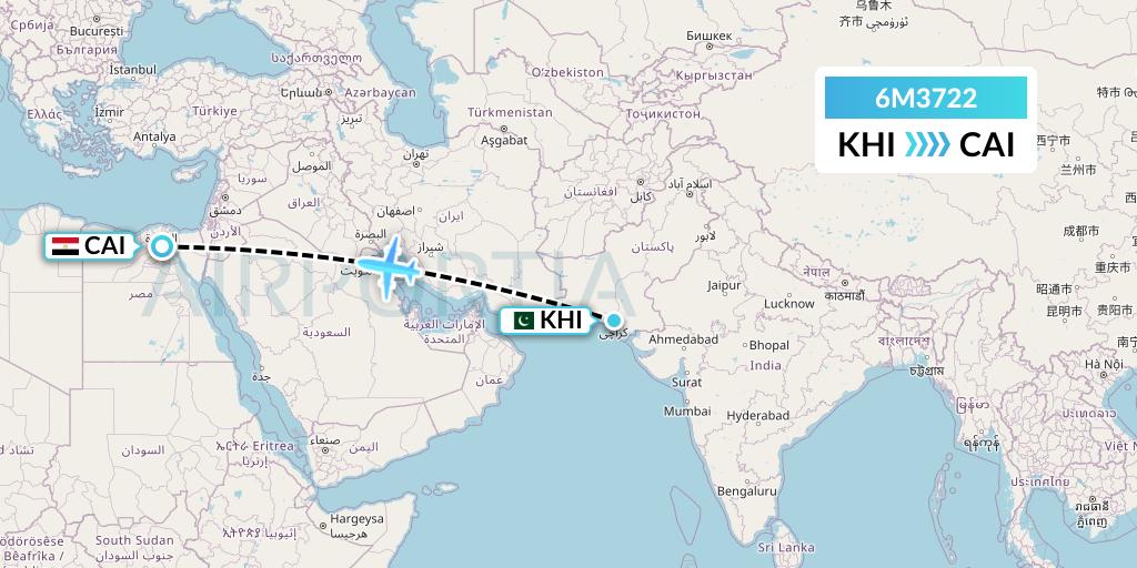 6M3722 Air Minas Flight Map: Karachi to Cairo
