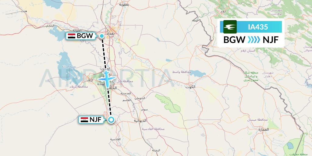 IA435 Iraqi Airways Flight Map: Baghdad to Najaf