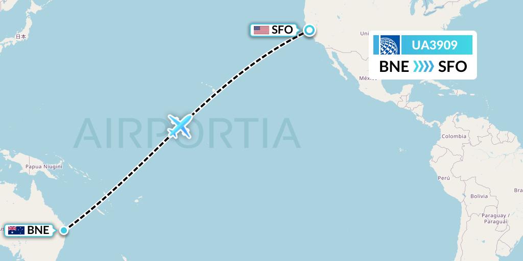 UA3909 United Airlines Flight Map: Brisbane to San Francisco